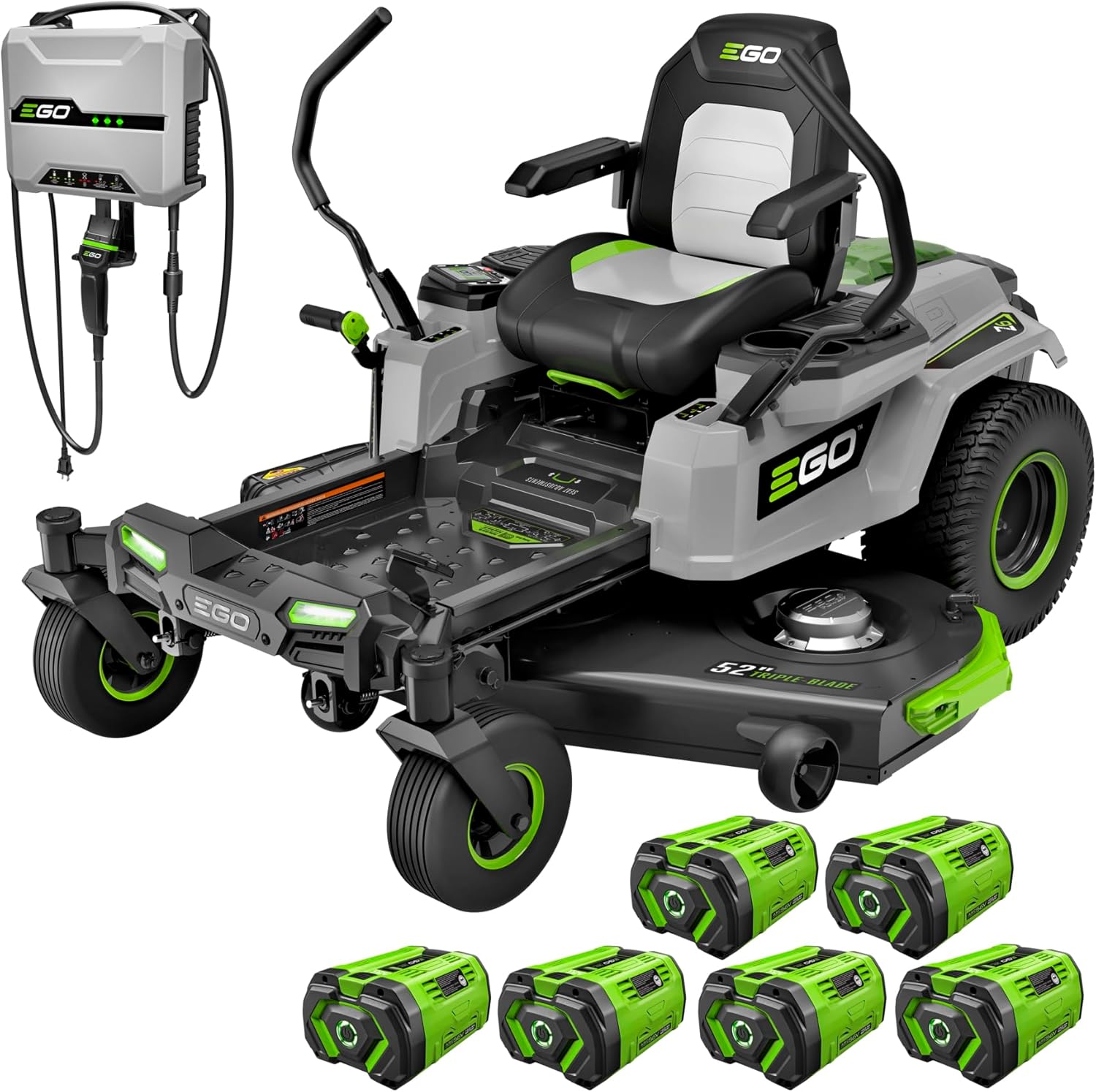 EGO Z6 zero turn riding mower review,EGO Z6 vs gas zero turn,EGO Z6 battery life,EGO Z6 pros cons,EGO Z6 worth buying,best battery zero turn mower showing 52-inch deck and six batteries